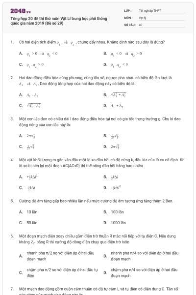 Tổng hợp 20 đề thi thử môn Vật Lí trung học phổ thông quốc gia năm 2019 (Đề số 29)