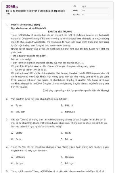 Bộ 10 đề thi cuối kì 2 Ngữ văn 6 Cánh diều có đáp án (Đề 10)