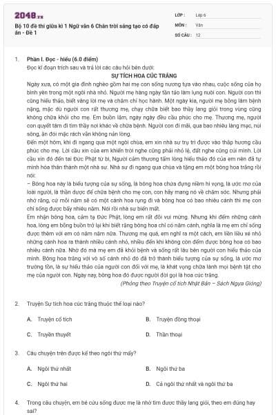 Bộ 10 đề thi giữa kì 1 Ngữ văn 6 Chân trời sáng tạo có đáp án - Đề 1