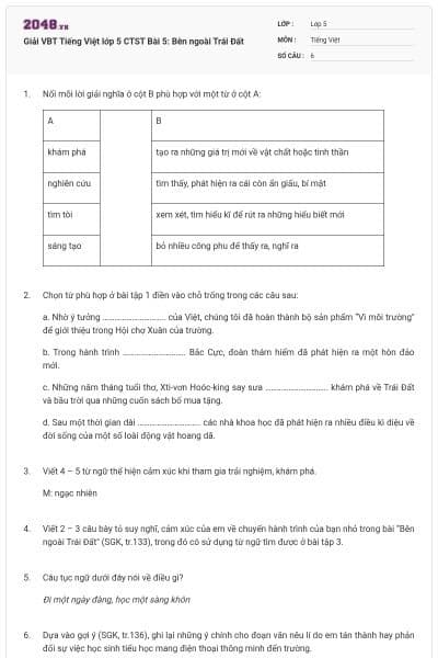 Giải VBT Tiếng Việt lớp 5 CTST Bài 5: Bên ngoài Trái Đất