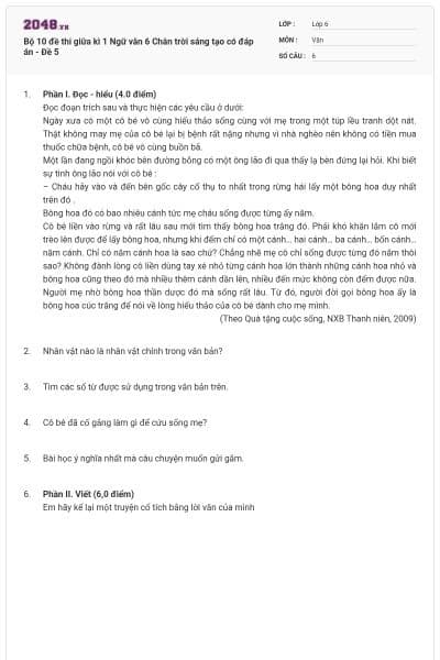 Bộ 10 đề thi giữa kì 1 Ngữ văn 6 Chân trời sáng tạo có đáp án - Đề 5