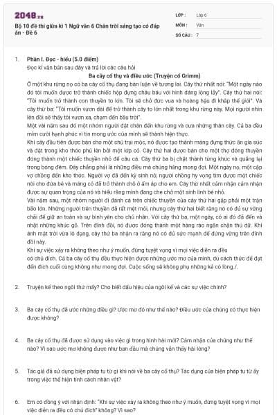 Bộ 10 đề thi giữa kì 1 Ngữ văn 6 Chân trời sáng tạo có đáp án - Đề 6
