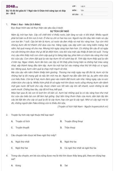 Bộ 10 đề thi giữa kì 1 Ngữ văn 6 Chân trời sáng tạo có đáp án - Đề 8