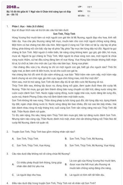 Bộ 10 đề thi giữa kì 1 Ngữ văn 6 Chân trời sáng tạo có đáp án - Đề 10