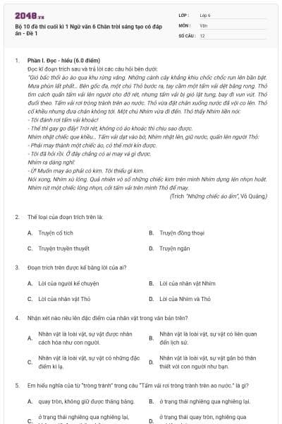 Bộ 10 đề thi cuối kì 1 Ngữ văn 6 Chân trời sáng tạo có đáp án - Đề 1