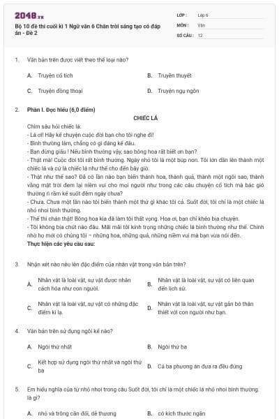 Bộ 10 đề thi cuối kì 1 Ngữ văn 6 Chân trời sáng tạo có đáp án - Đề 2