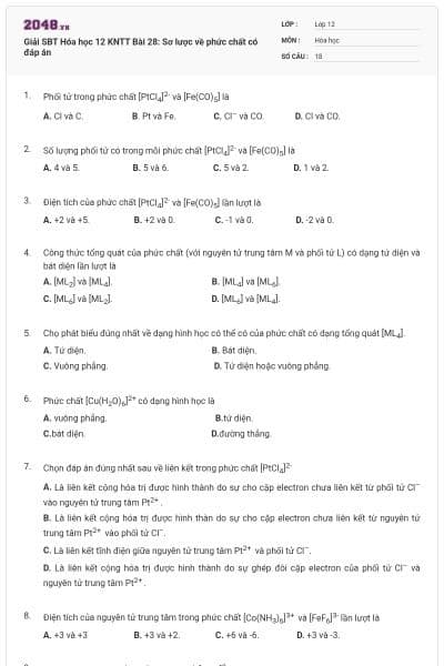 Giải SBT Hóa học 12 KNTT Bài 28: Sơ lược về phức chất có đáp án
