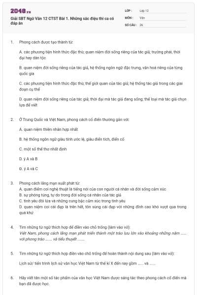 Giải SBT Ngữ Văn 12 CTST Bài 1. Những sắc điệu thi ca có đáp án