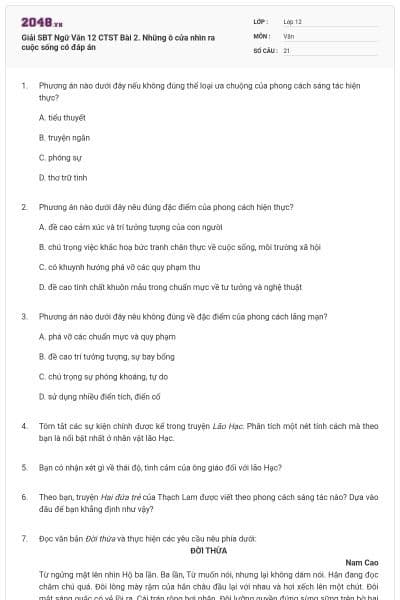 Giải SBT Ngữ Văn 12 CTST Bài 2. Những ô cửa nhìn ra cuộc sống có đáp án