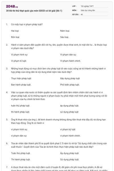 30 Đề thi thử thpt quốc gia môn GDCD có lời giải (Đề 1)