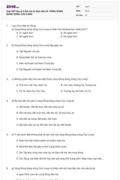 Giải SBT Địa lý 9 Kết nối tri thức Bài 20. VÙNG ĐỒNG BẰNG SÔNG CỬU LONG