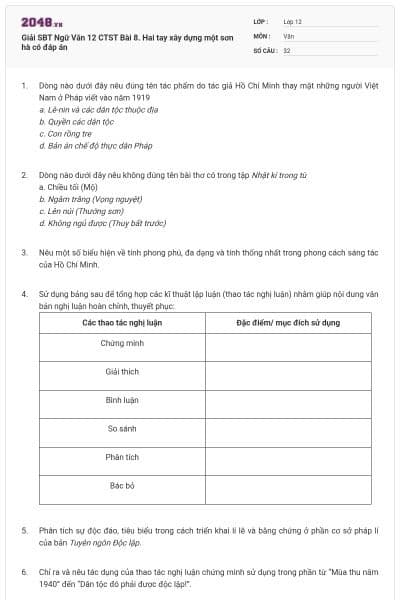 Giải SBT Ngữ Văn 12 CTST Bài 8. Hai tay xây dựng một sơn hà có đáp án