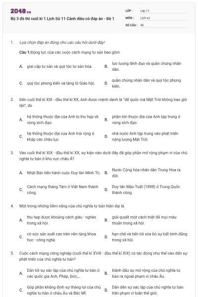 Bộ 3 đề thi cuối kì 1 Lịch Sử 11 Cánh diều có đáp án - Đề 1