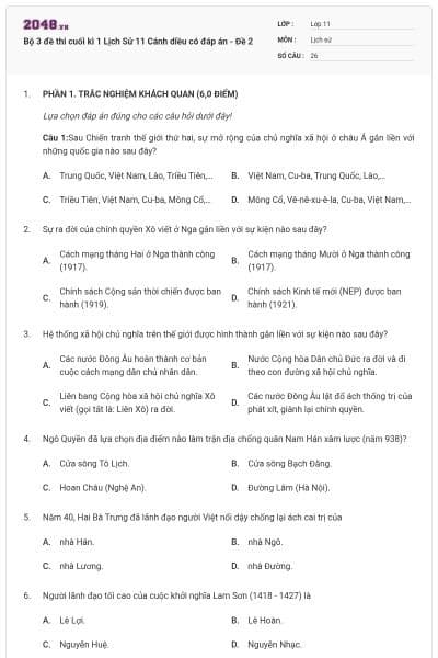 Bộ 3 đề thi cuối kì 1 Lịch Sử 11 Cánh diều có đáp án - Đề 2