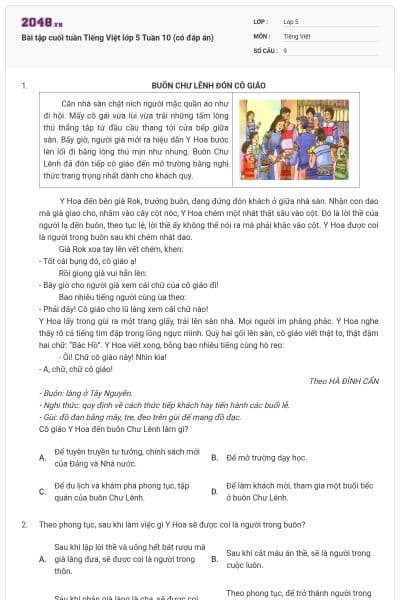 Bài tập cuối tuần Tiếng Việt lớp 5 Tuần 10 (có đáp án)