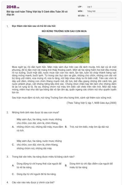 Bài tập cuối tuần Tiếng Việt lớp 5 Cánh diều Tuần 30 có đáp án