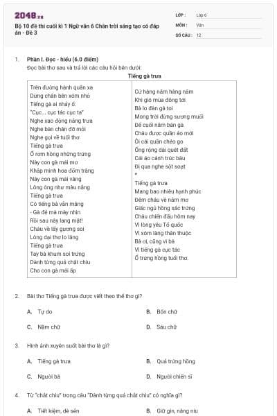 Bộ 10 đề thi cuối kì 1 Ngữ văn 6 Chân trời sáng tạo có đáp án - Đề 3