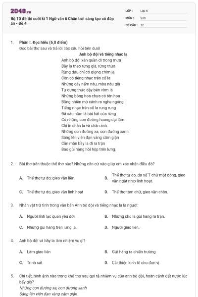 Bộ 10 đề thi cuối kì 1 Ngữ văn 6 Chân trời sáng tạo có đáp án - Đề 4