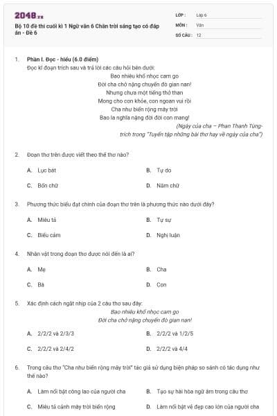 Bộ 10 đề thi cuối kì 1 Ngữ văn 6 Chân trời sáng tạo có đáp án - Đề 6