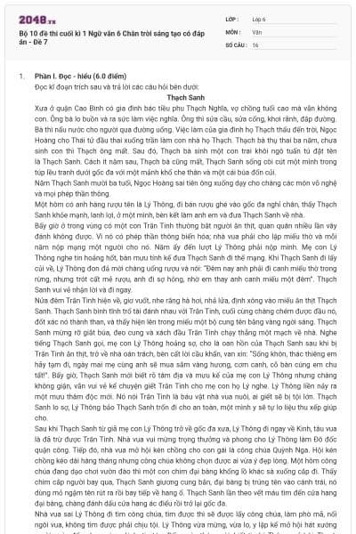 Bộ 10 đề thi cuối kì 1 Ngữ văn 6 Chân trời sáng tạo có đáp án - Đề 7