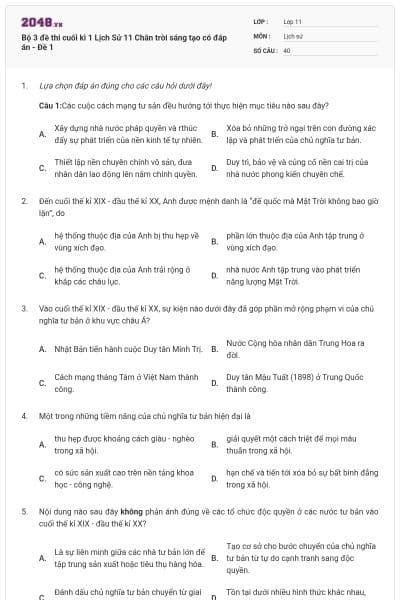Bộ 3 đề thi cuối kì 1 Lịch Sử 11 Chân trời sáng tạo có đáp án - Đề 1
