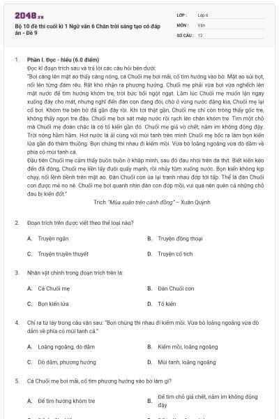 Bộ 10 đề thi cuối kì 1 Ngữ văn 6 Chân trời sáng tạo có đáp án - Đề 9