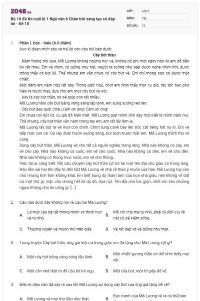 Bộ 10 đề thi cuối kì 1 Ngữ văn 6 Chân trời sáng tạo có đáp án - Đề 10