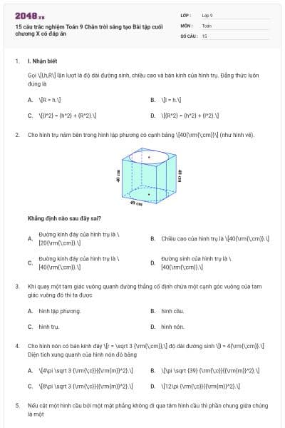 15 câu trắc nghiệm Toán 9 Chân trời sáng tạo Bài tập cuối chương X có đáp án