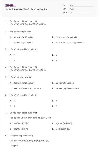10 câu Trắc nghiệm Toán 5 Hỗn số (có đáp án)