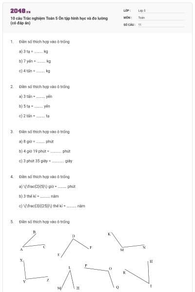 10 câu Trắc nghiệm Toán 5 Ôn tập hình học và đo lường (có đáp án)
