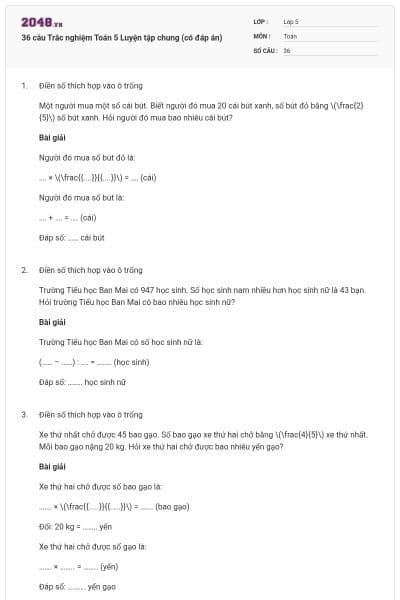 36 câu Trắc nghiệm Toán 5 Luyện tập chung (có đáp án)