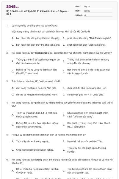 Bộ 3 đề thi cuối kì 2 Lịch Sử 11 Kết nối tri thức có đáp án - Đề 1