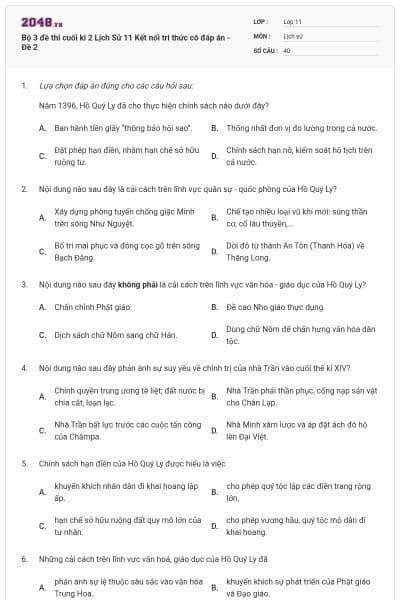 Bộ 3 đề thi cuối kì 2 Lịch Sử 11 Kết nối tri thức có đáp án - Đề 2