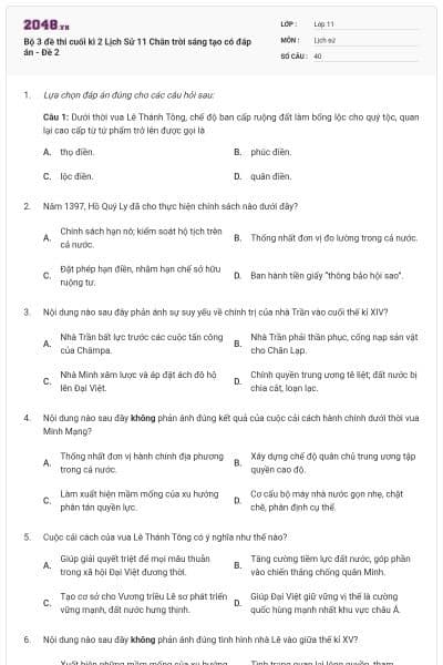 Bộ 3 đề thi cuối kì 2 Lịch Sử 11 Chân trời sáng tạo có đáp án - Đề 2