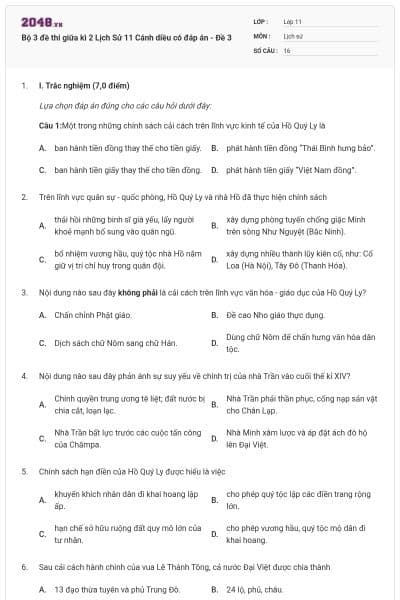 Bộ 3 đề thi giữa kì 2 Lịch Sử 11 Cánh diều có đáp án - Đề 3