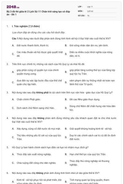 Bộ 3 đề thi giữa kì 2 Lịch Sử 11 Chân trời sáng tạo có đáp án - Đề 1