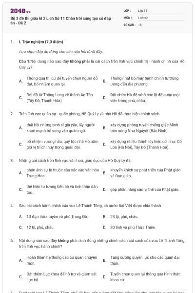 Bộ 3 đề thi giữa kì 2 Lịch Sử 11 Chân trời sáng tạo có đáp án - Đề 2