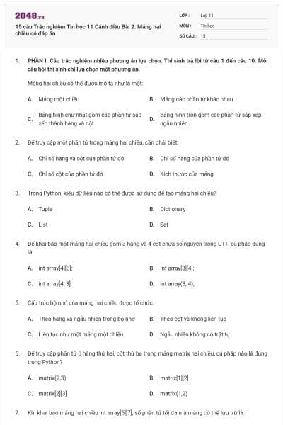 15 câu Trắc nghiệm Tin học 11 Cánh diều Bài 2: Mảng hai chiều có đáp án