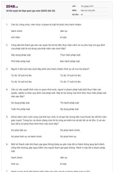 30 Đề luyện thi thpt quốc gia môn GDCD (Đề 20)