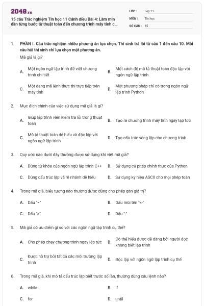 15 câu Trắc nghiệm Tin học 11 Cánh diều Bài 4: Làm mịn dần từng bước từ thuật toán đến chương trình máy tính có đáp án