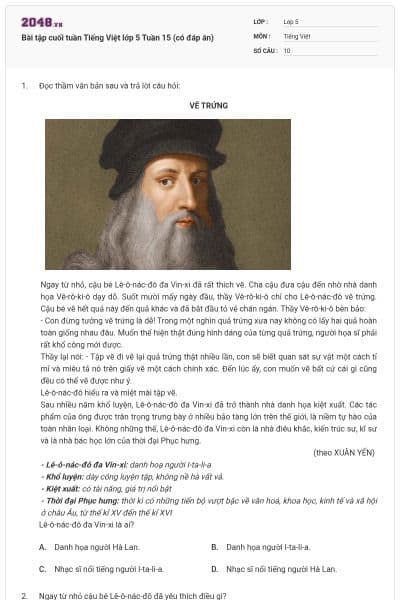 Bài tập cuối tuần Tiếng Việt lớp 5 Tuần 15 (có đáp án)