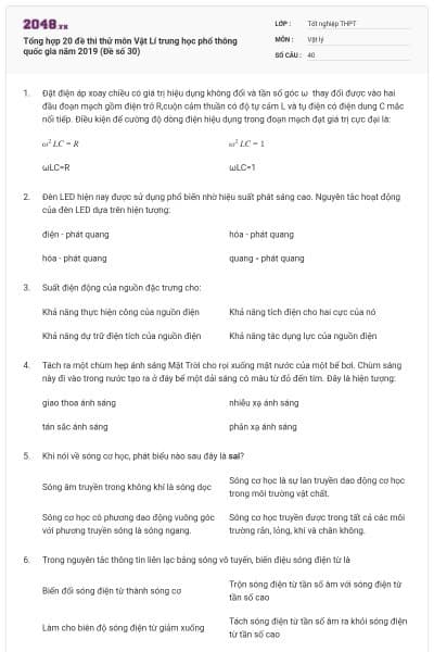 Tổng hợp 20 đề thi thử môn Vật Lí trung học phổ thông quốc gia năm 2019 (Đề số 30)