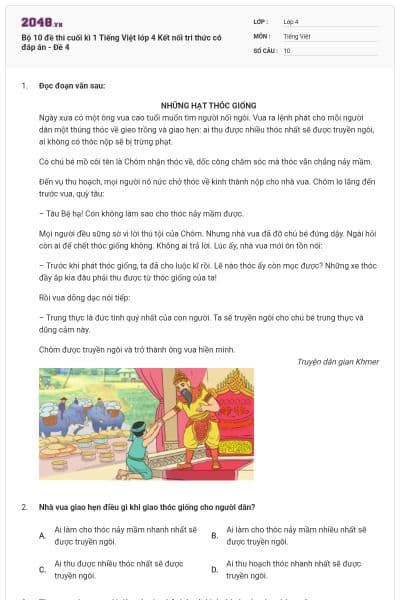 Bộ 10 đề thi cuối kì 1 Tiếng Việt lớp 4 Kết nối tri thức có đáp án - Đề 4