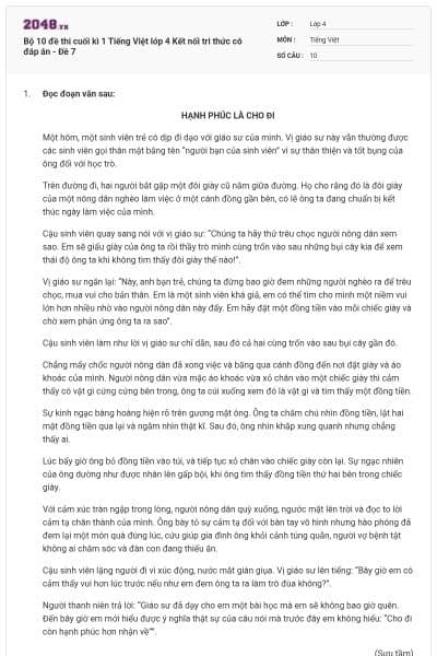 Bộ 10 đề thi cuối kì 1 Tiếng Việt lớp 4 Kết nối tri thức có đáp án - Đề 7