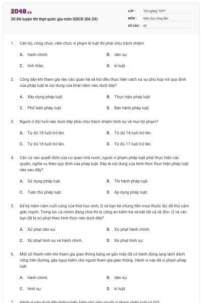 30 Đề luyện thi thpt quốc gia môn GDCD (Đề 20)