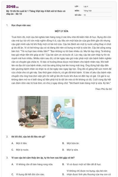 Bộ 10 đề thi cuối kì 1 Tiếng Việt lớp 4 Kết nối tri thức có đáp án - Đề 10