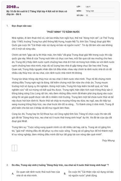 Bộ 10 đề thi cuối kì 2 Tiếng Việt lớp 4 Kết nối tri thức có đáp án - Đề 6