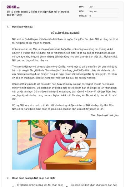 Bộ 10 đề thi cuối kì 2 Tiếng Việt lớp 4 Kết nối tri thức có đáp án - Đề 8