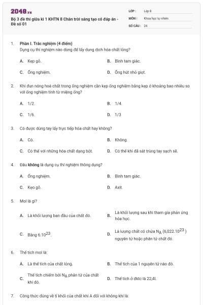 Bộ 3 đề thi giữa kì 1 KHTN 8 Chân trời sáng tạo có đáp án - Đề số 01