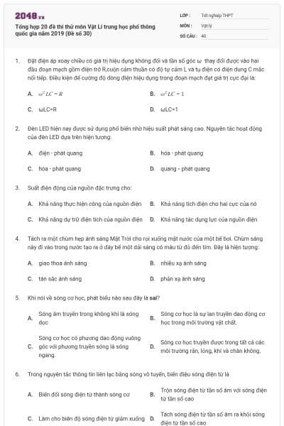 Tổng hợp 20 đề thi thử môn Vật Lí trung học phổ thông quốc gia năm 2019 (Đề số 30)